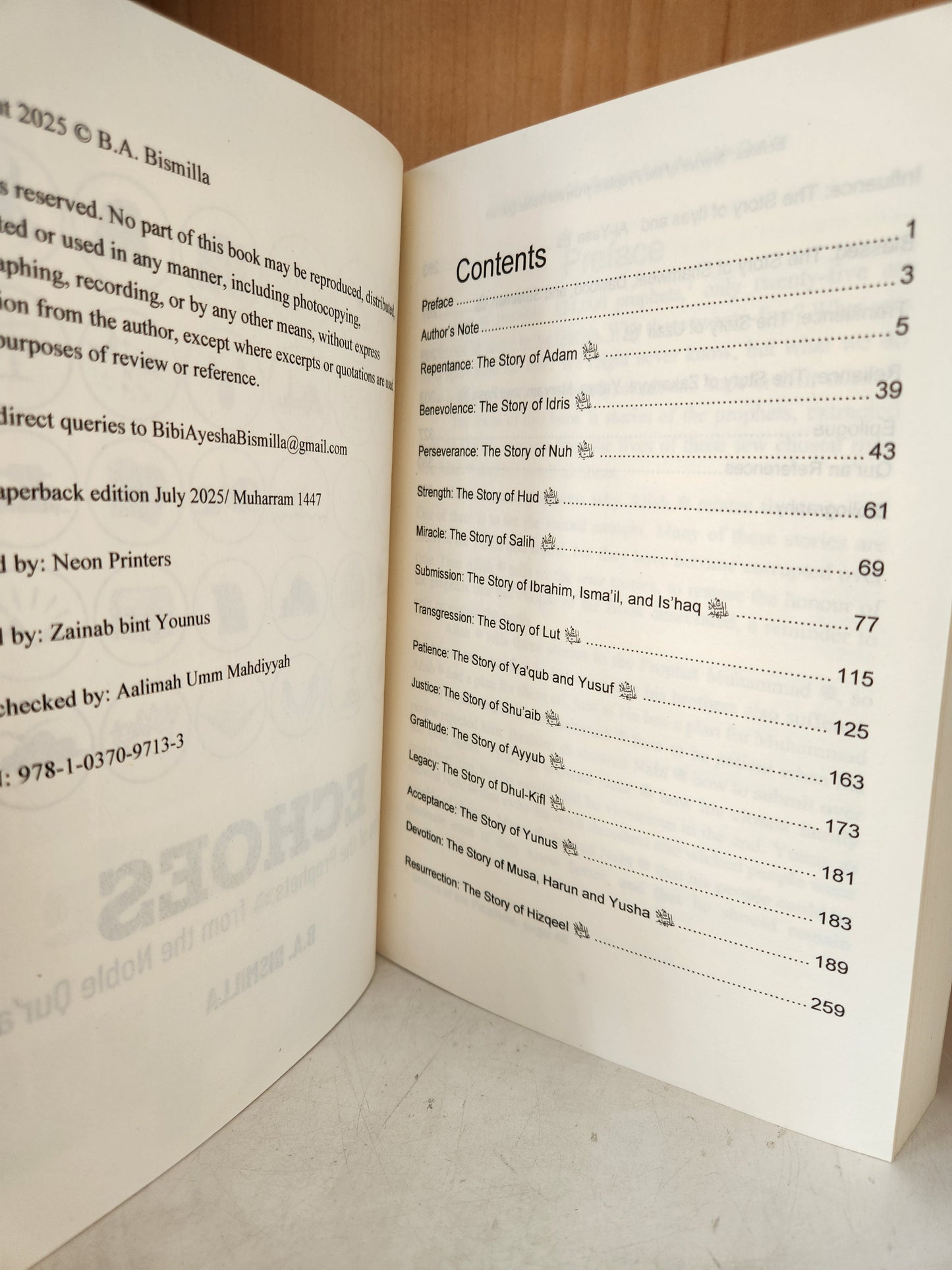 Echoes: Stories of the Prophets (A.S) from the Noble Quran by B.A Bismilla