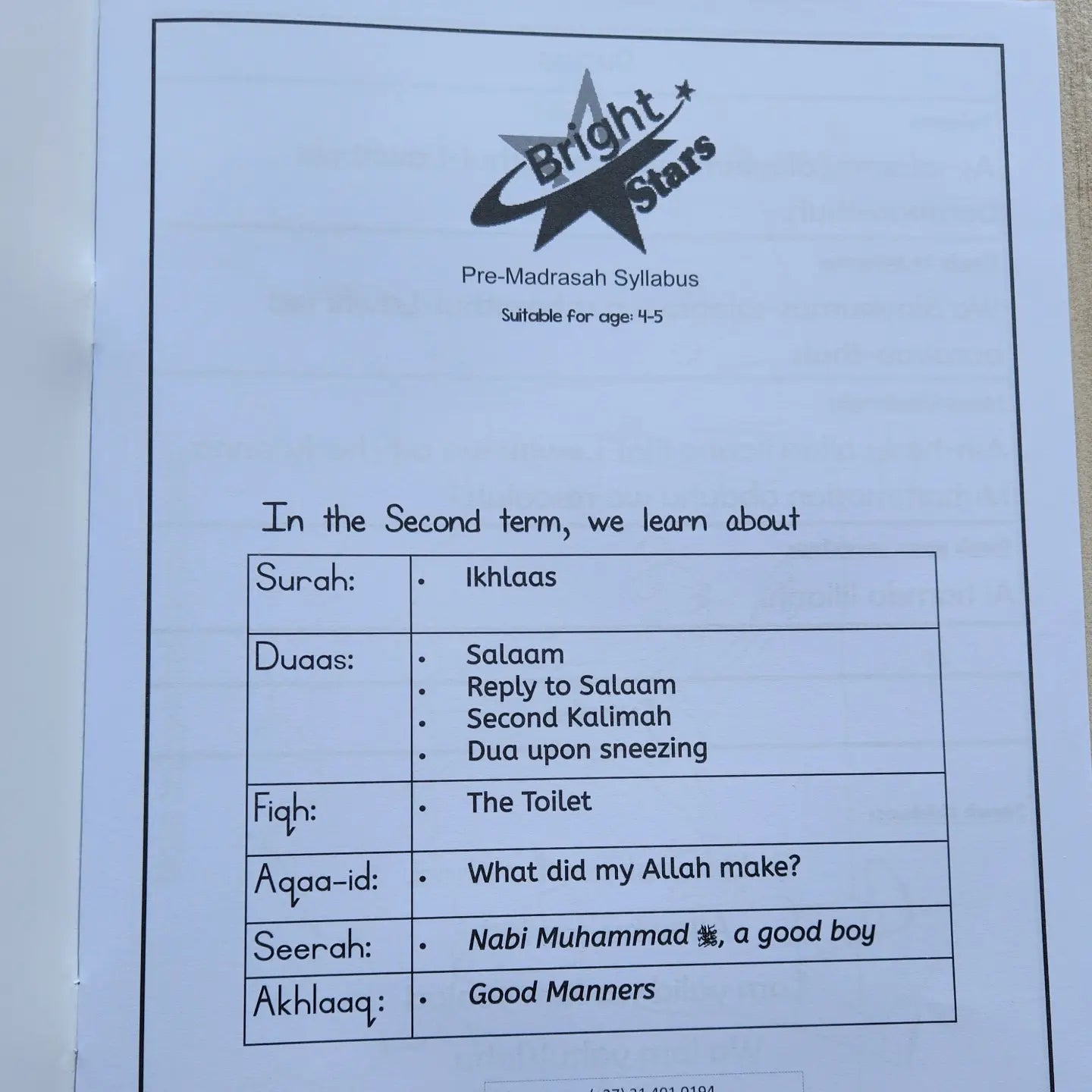 Bright Stars Pre Madressa Syllabus