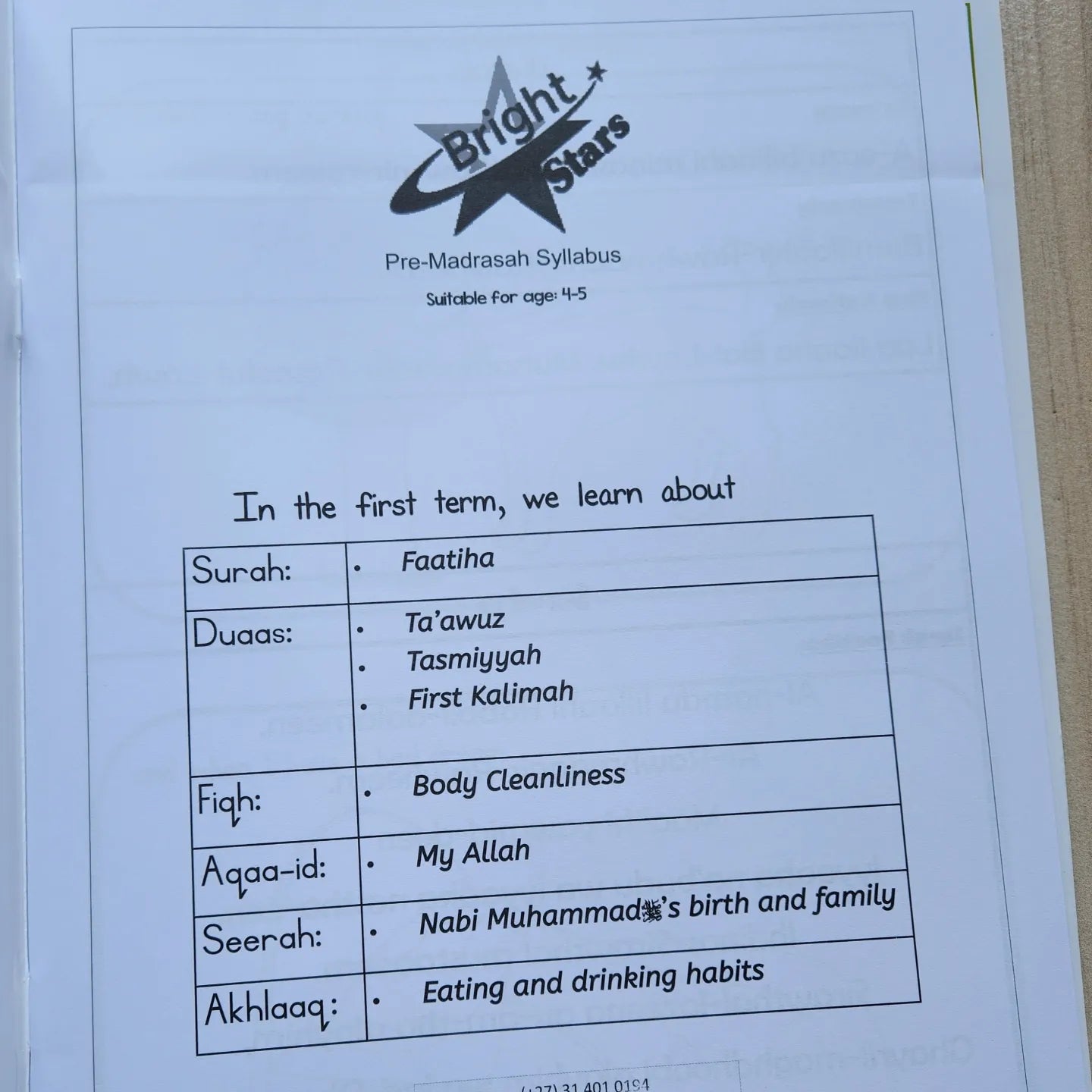 Bright Stars Pre Madressa Syllabus